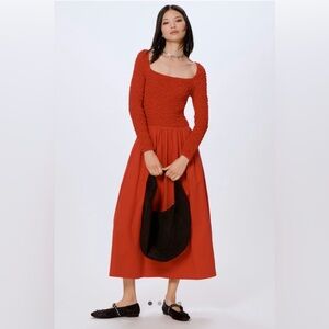 Damson Madder Malinda Smocked long sleeve midi dress